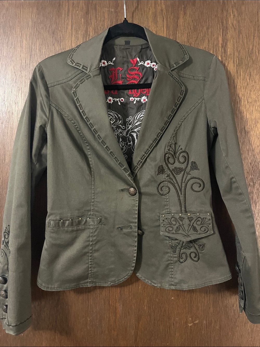 Vintage Love Stitch Olive Embroidered Women's Blazer